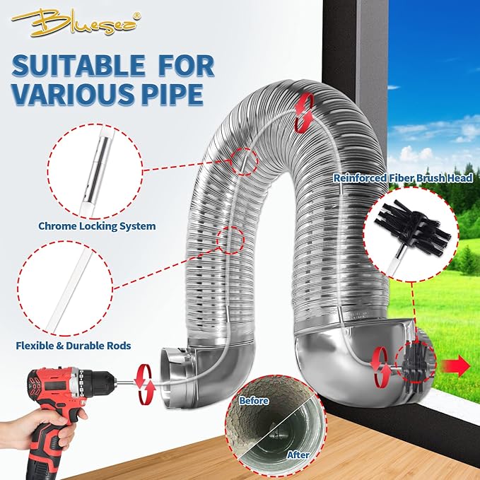 Bluesea 7 Pieces 25 Feet Dryer Vent Cleaner Kit, Reinforced Nylon Dryer Vent - Image 2
