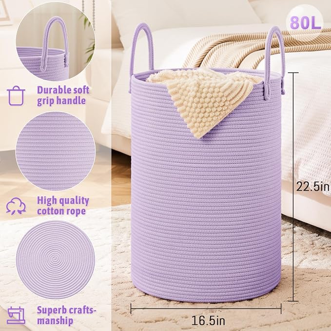 Laundry Basket, Woven Cotton Rope Laundry Hamper, 80L - Image 6