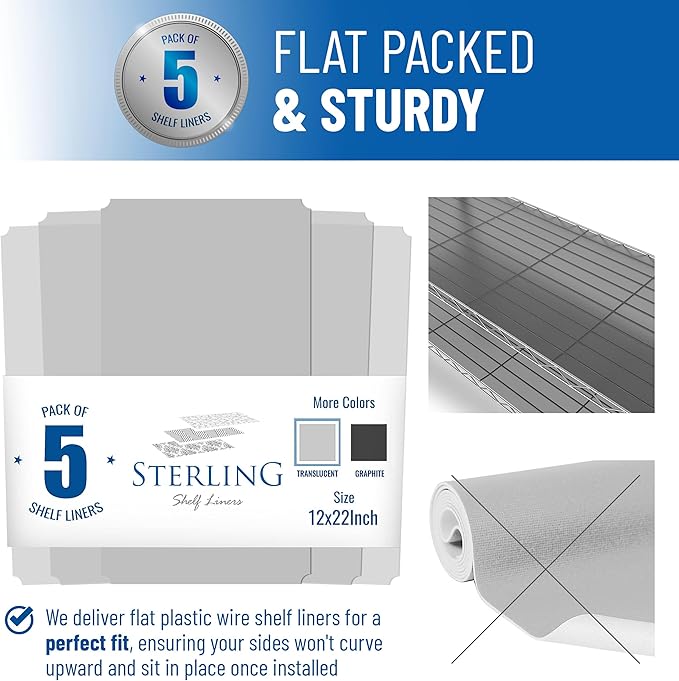 Shelf Liners for Wire Shelf System: Set of 5 in Clear: 12 x 22 inch: Plastic - Image 3