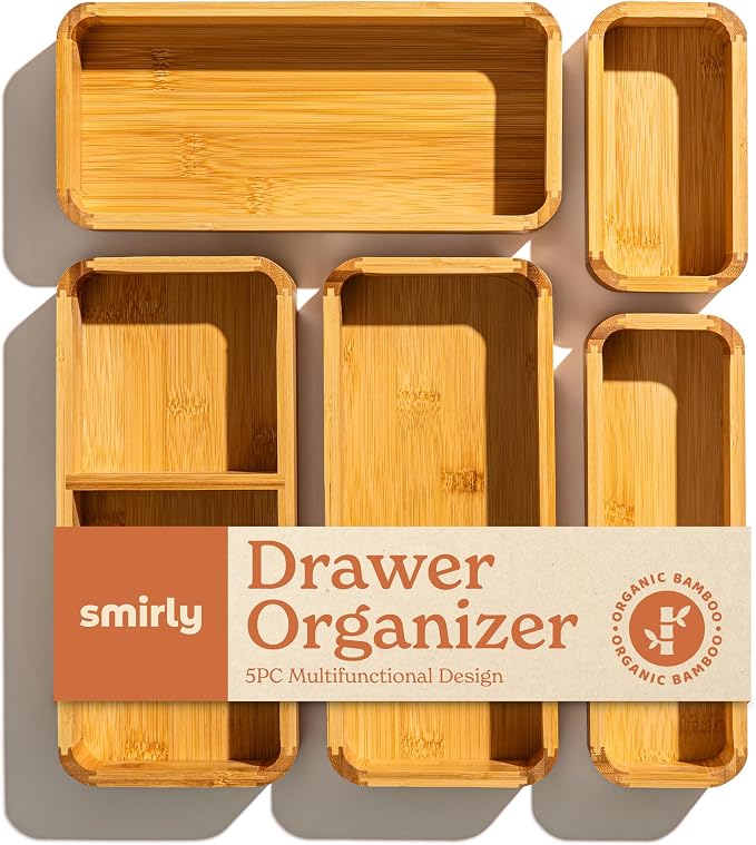 SMIRLY 5-Piece Bamboo Kitchen Drawer Organizer Set by Smirly
