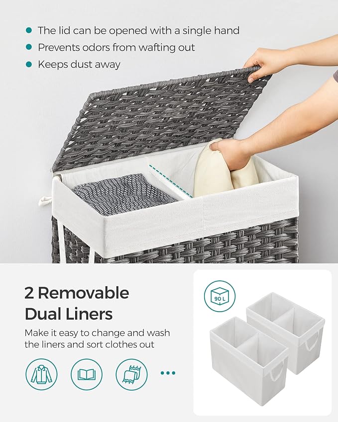 SONGMICS Laundry Hamper with Lid, 90L Clothes Hamper with 2 Removable Liner Bags - Image 3