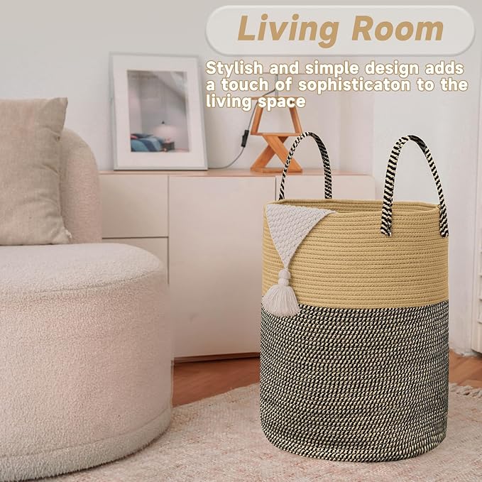 Large Woven Laundry Basket Hamper, 60L Cotton Rope Storage Bin - Image 3