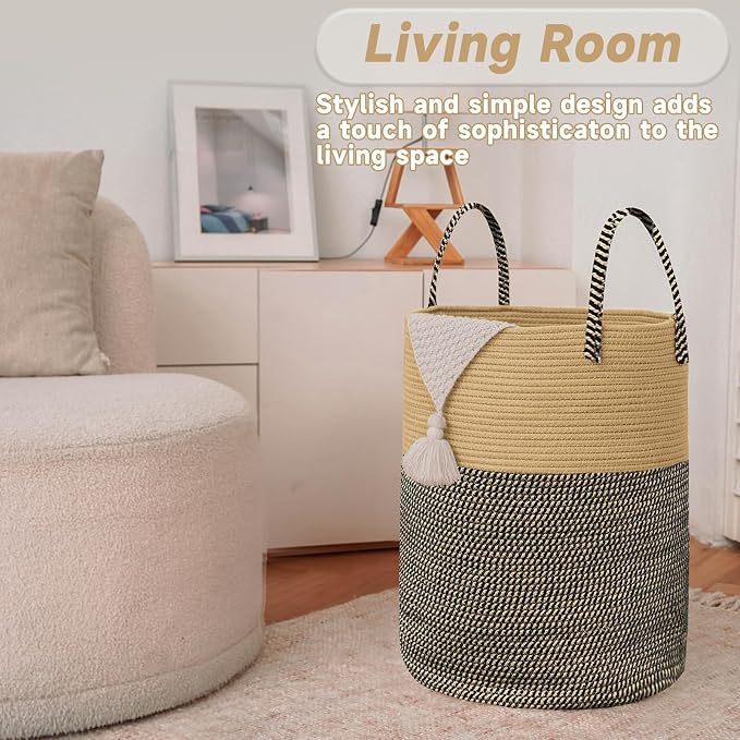 Large Woven Laundry Basket Hamper, 80L Cotton Rope Storage Bin - Image 3