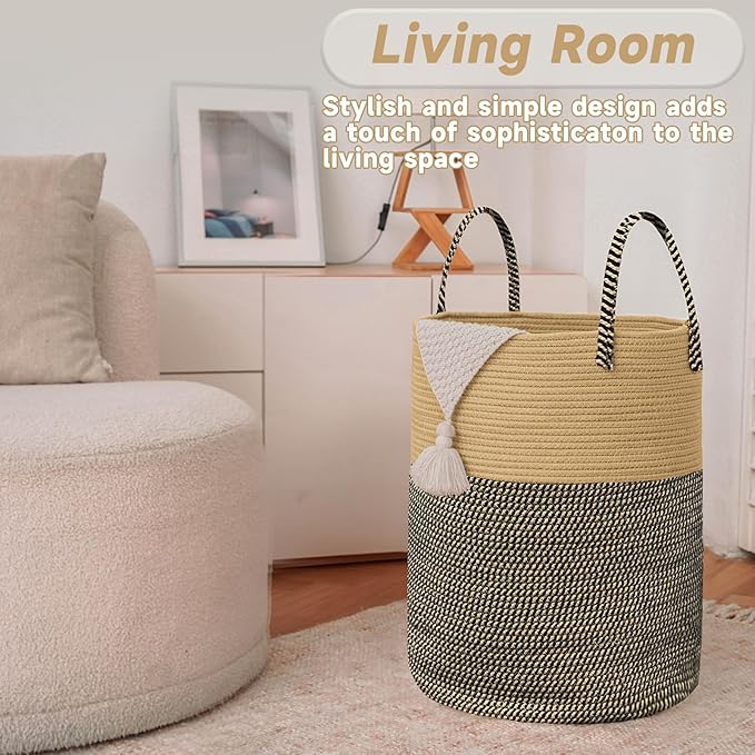 Large Woven Laundry Basket Hamper, 100L Cotton Rope Storage Bin - Image 3