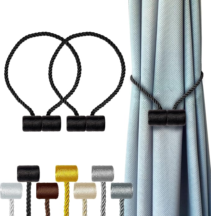 Hion Magnetic Curtain Tiebacks Black 2pcs, Curtain Tiebacks Buckles Holdbacks by Hion