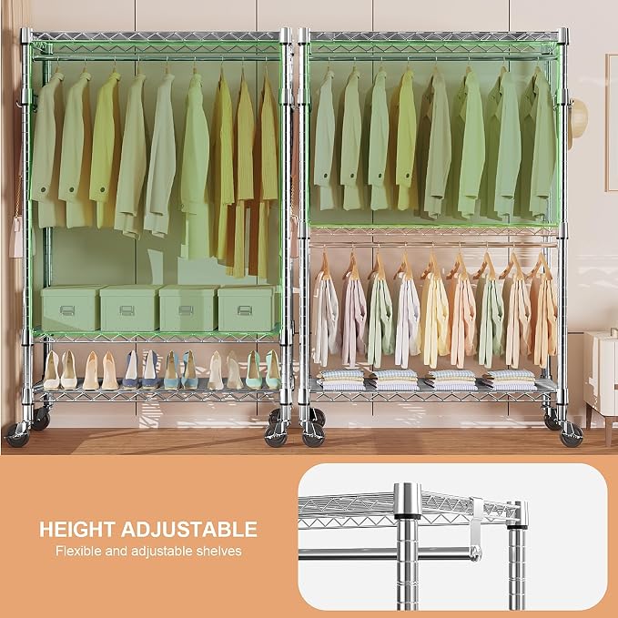Heavy Duty Rolling Garment Rack 3 Tiers Adjustable Wire Shelving Clothes Rack - Image 3