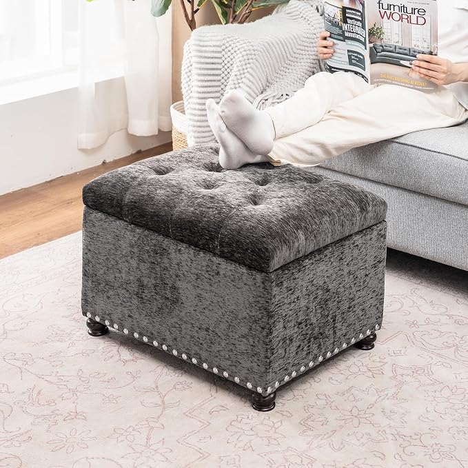 Joveco Storage Ottoman Bench, Rectangle 24" Velvet Foot Rest Stool Square - Image 5