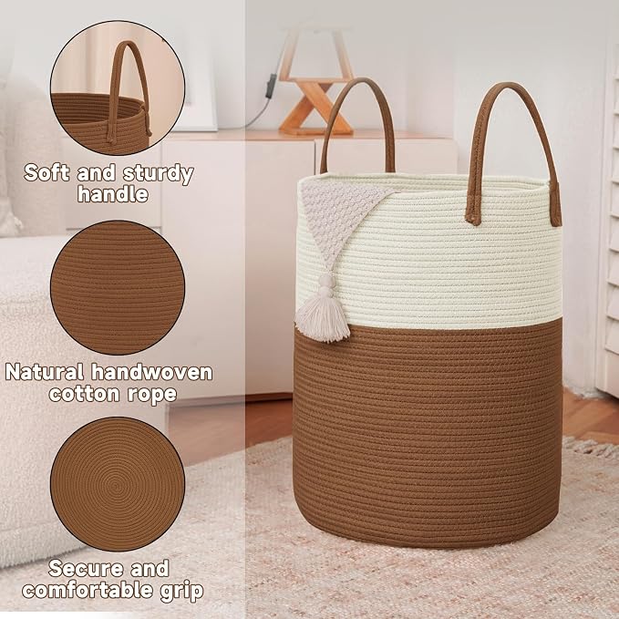 Large Woven Laundry Basket Hamper, 80L Cotton Rope Storage Bin - Image 6