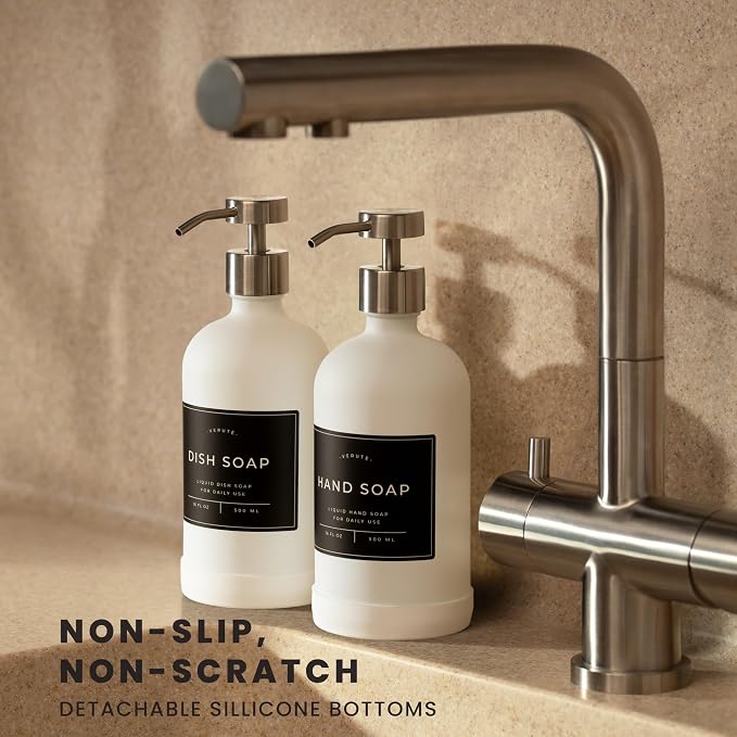 16oz Glass Soap Dispenser with Stainless Steel Pump, 21 Waterproof Labels - Image 2
