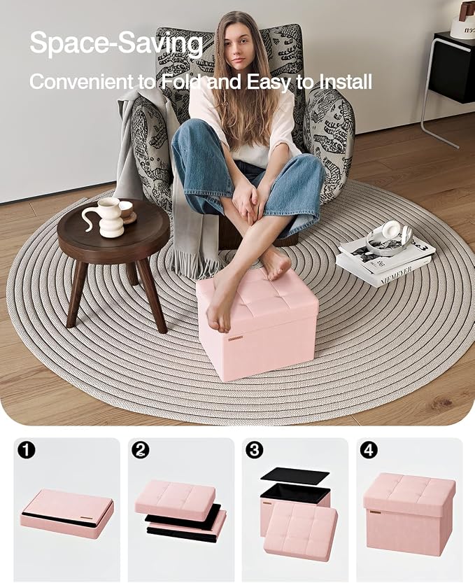 Folding Storage Ottoman, Velvet Storage Bench, Foot Stool, - Image 6