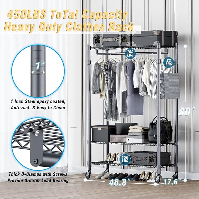 Homdox Rolling Clothes Rack Heavy Duty, 3-Tier Adjustable Wire Shelving Garment - Image 4
