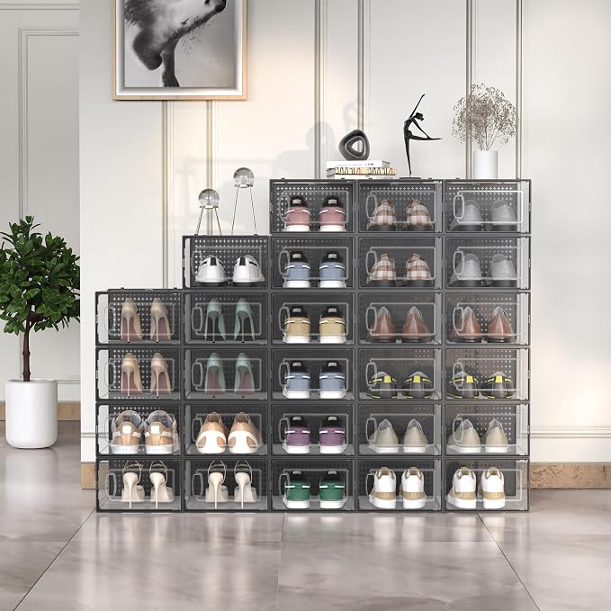 12 Pack X-Large Modular Clear Plastic Stackable Shoe Storage Organizer - Image 2