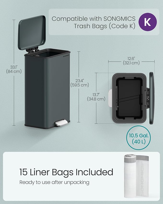 SONGMICS Kitchen Trash Can, 10.5 Gallon Garbage Can, Large Step Trash Bin - Image 6