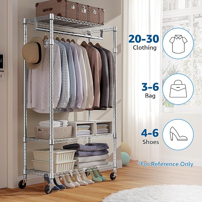 Heavy Duty Rolling Garment Rack 3 Tiers Adjustable Wire Shelving Clothes Rack - Image 4