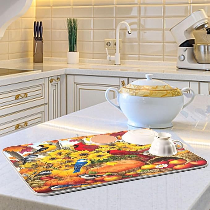 Fall Birds Dish Drying Mat for Kitchen Countertop 16x18 Autumn Pumpkin - Image 6
