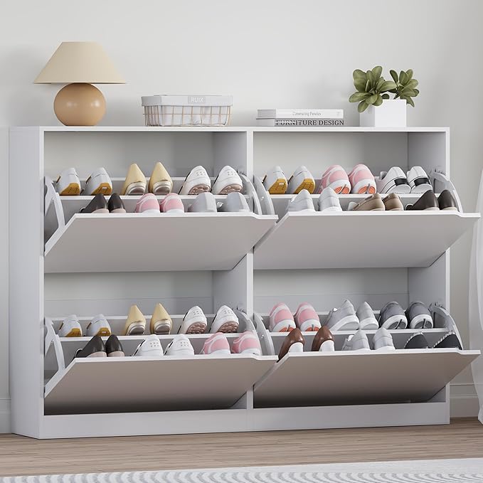 Shoe Cabinet with 4 Flip Drawers, Narrow Hidden Shoe Storage Cabinet, Slim by BORNOON