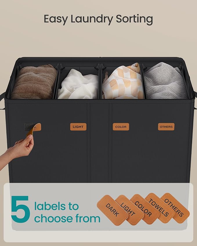 SONGMICS 55.4 Gallon Laundry Hamper, 4-Compartment Laundry Basket Sorter - Image 4