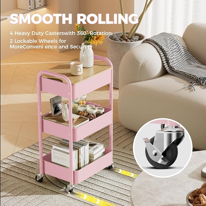 3 Tier Rolling Cart with Table top, Metal Rolling Utility Cart, Sturdy Storage - Image 3