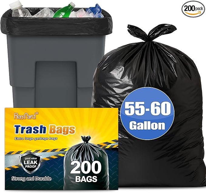 55-60 Gallon Black Trash Bags 200 Bags by RayPard Extra Large Multi-Use Heavy by RayPard