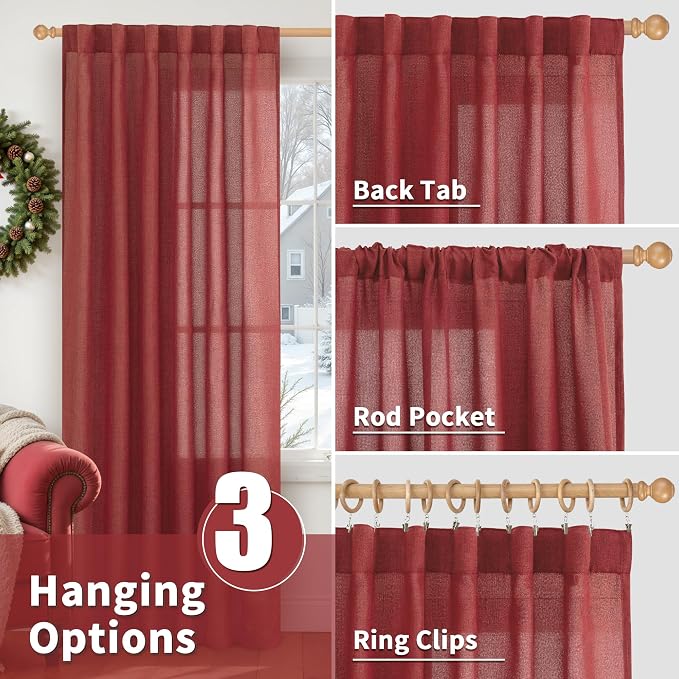 YoungsTex Red Linen Semi Sheer Curtains 72 Inch Length - Image 6