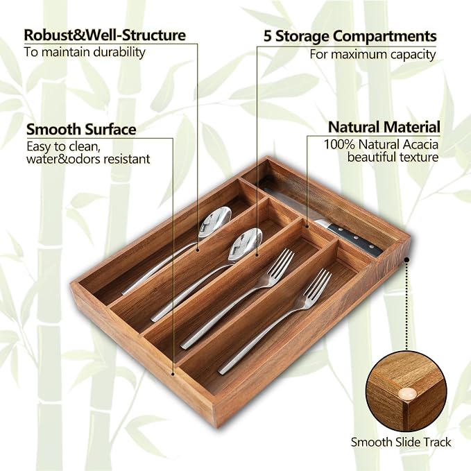 Silverware Organizer, 10 Inch Utensil Organizer Kitchen Drawer Organizer Acacia - Image 3