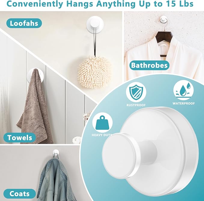 Suction Cup Hooks for Shower, Removable No Drill Towel Hooks, Upgraded 15 lbs - Image 2
