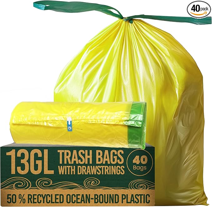 13 Gallon Trash Bags with Drawstrings, 40 Bags Made from 50% Recycled Plastic by ETSUS-EthicalSustainable