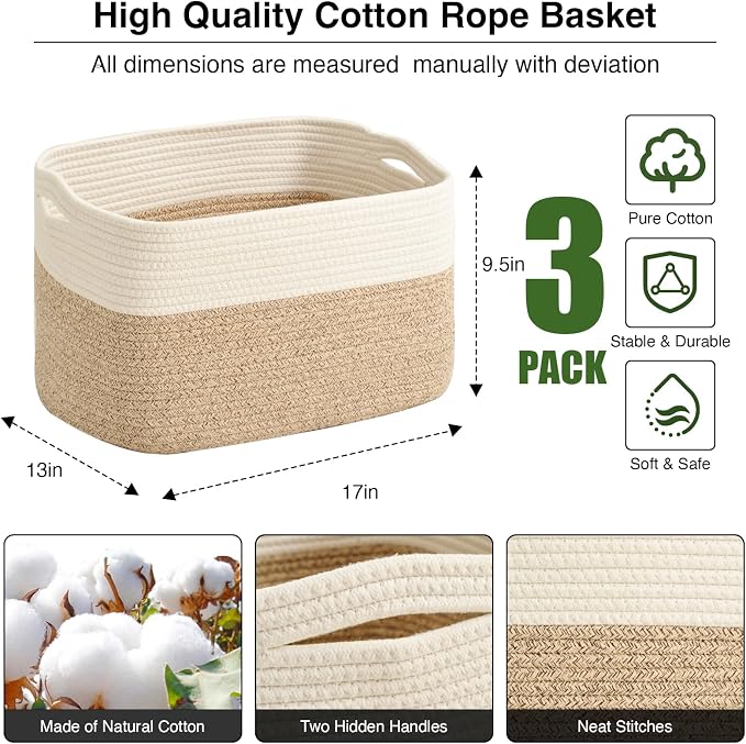 Large Storage Baskets for Organizing Shelves, Woven Cotton Rope Bins for Baby - Image 3