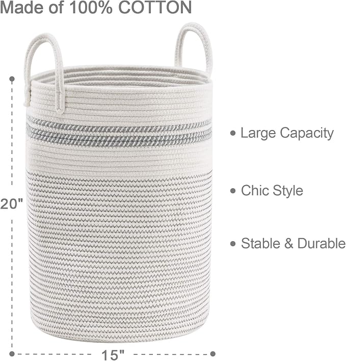 YOUDENOVA Woven Rope Laundry Hamper Basket, 58L Tall Luandry Basket, Baby - Image 3