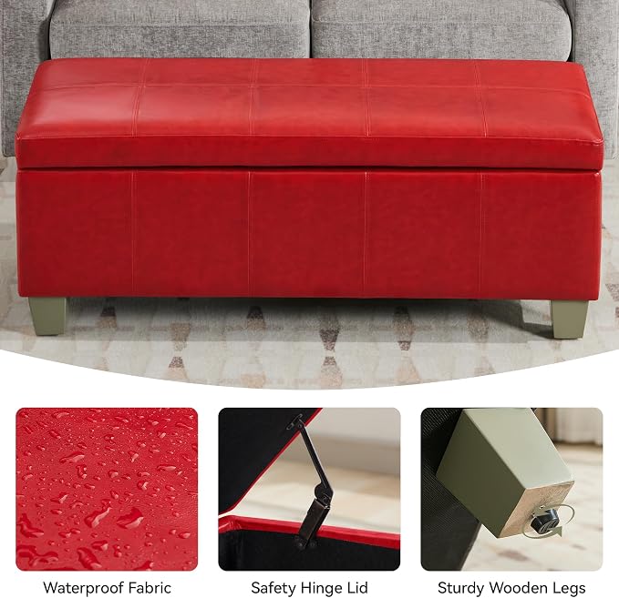 51" Faux Leather Storage Ottoman, Stitch Tufted Rectangle Upholstered End of - Image 4