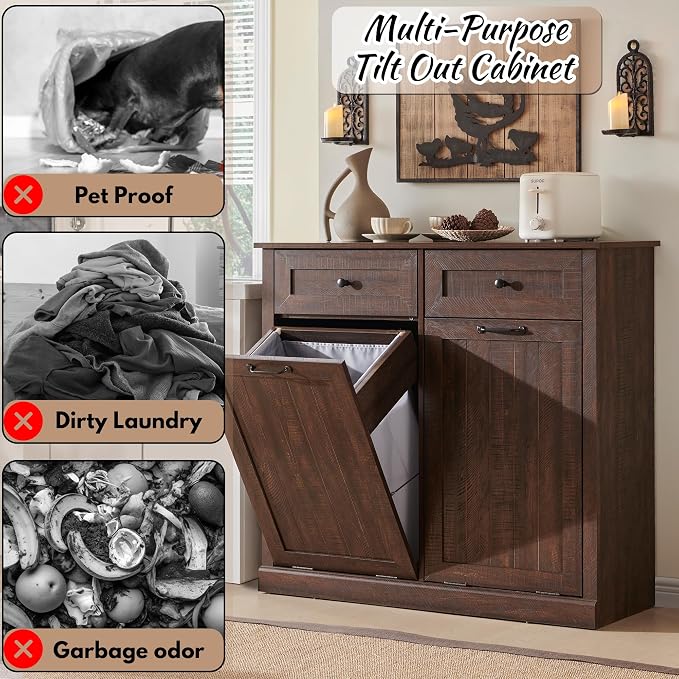 Double Tilt Out Laundry Hamper Cabinet, 20 Gallon Farmhouse Trash Can Cabinet - Image 4