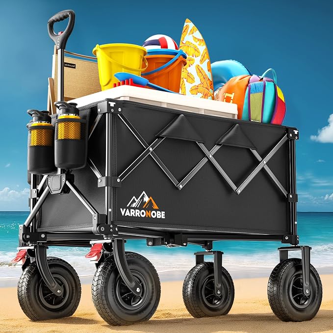 Big Rubber Wheels Beach Wagon Cart Foldable, 9x3 All-Terrain Wheels, Heavy Duty by Varronobe