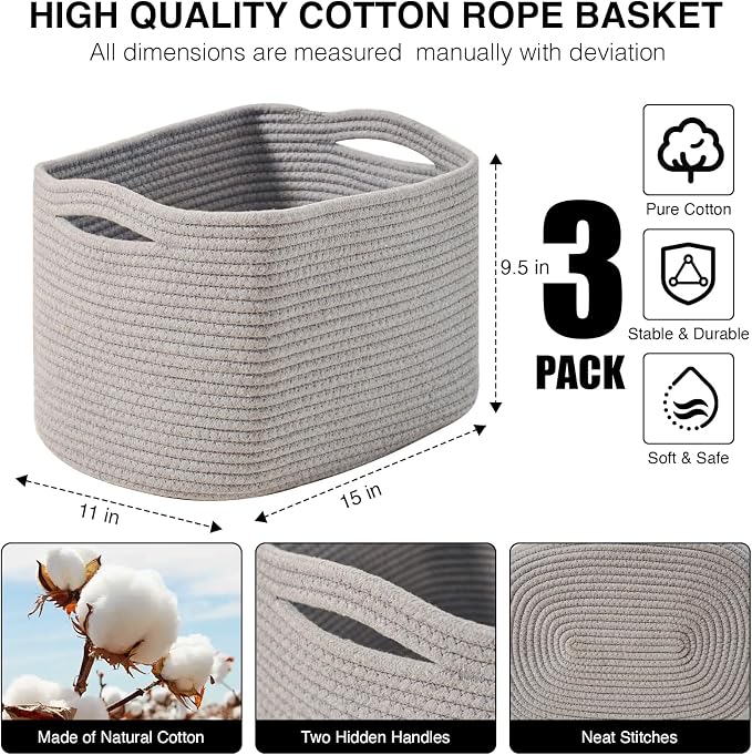 Storage Baskets for Organizing Shelves, Woven Cotton Rope Bins for Baby Nursery - Image 3