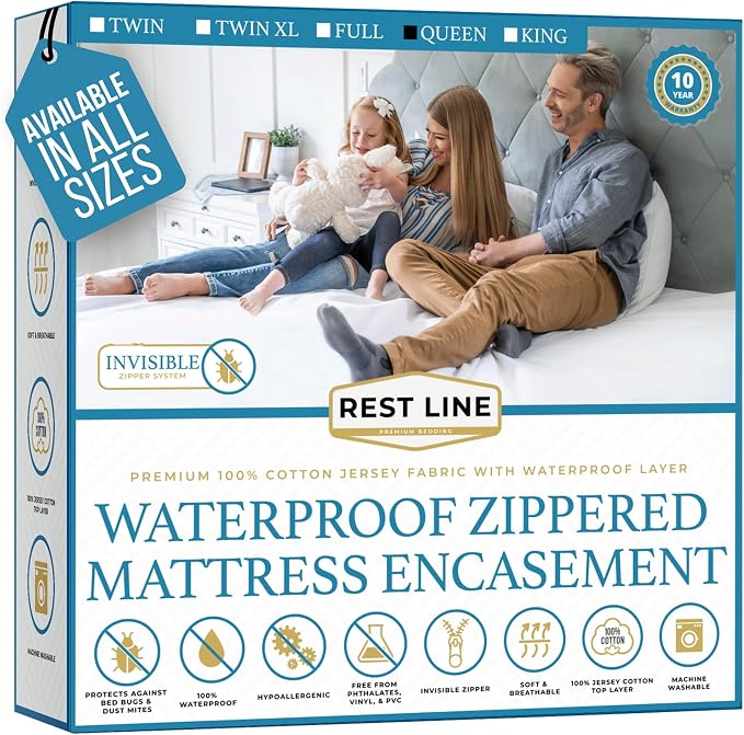 Queen Size 60x80” Premium Waterproof Zippered Mattress Encasement, 100% Cotton by RestLine
