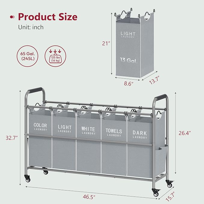 Tajsoon 5 Bag Laundry Sorter Cart, Laundry Hamper Sorter Basket - Image 7