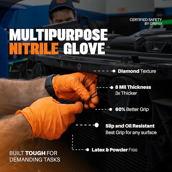 Herkules Grip Heavy Duty 8Mil Orange Nitrile Gloves, 3D Raised Diamond - Image 6