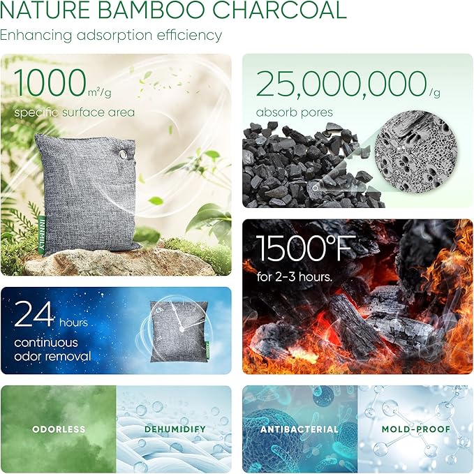 Activated Charcoal Odor Absorber, 8 Pack w Hooks Nature Odor Eliminator - Image 3