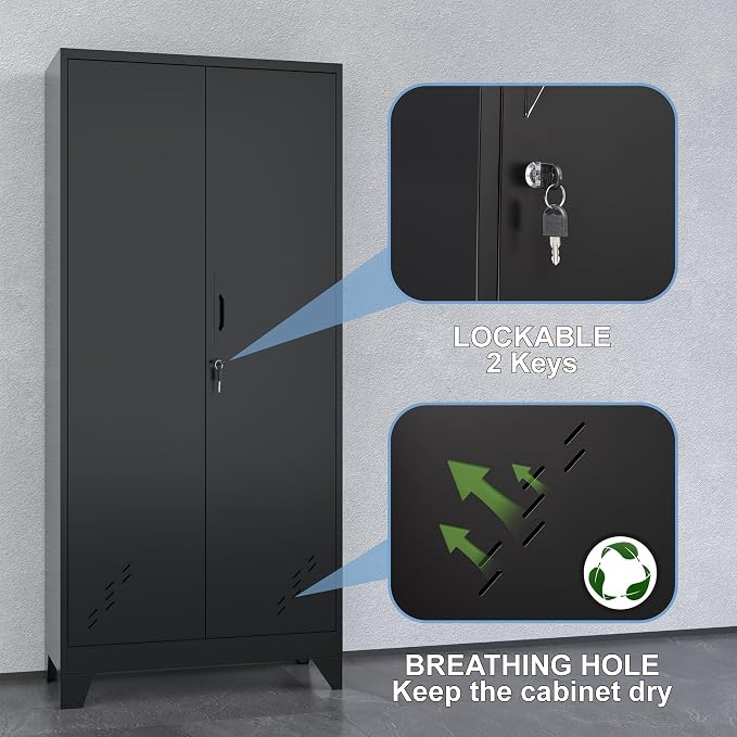 Metal Storage Cabinet with Locking Doors, Broom Closet, Freestanding Bathroom - Image 4