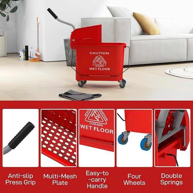 HOMCOM Compact Mop Bucket with Wringer on Wheels - Image 8