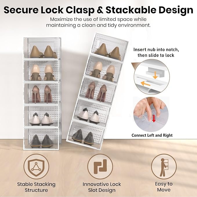 12 Pack XX-Large Modular Clear Plastic Stackable Shoe Storage Organizer - Image 3
