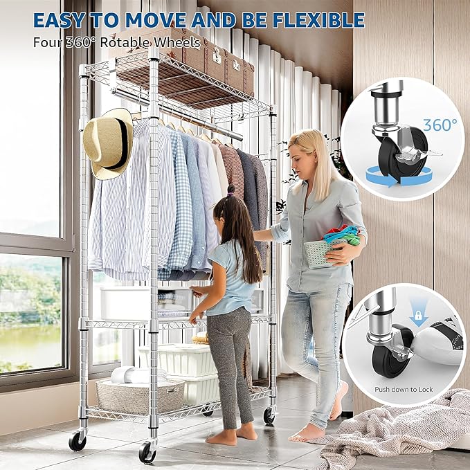 Heavy Duty Rolling Garment Rack 3 Tiers Adjustable Wire Shelving Clothes Rack - Image 2
