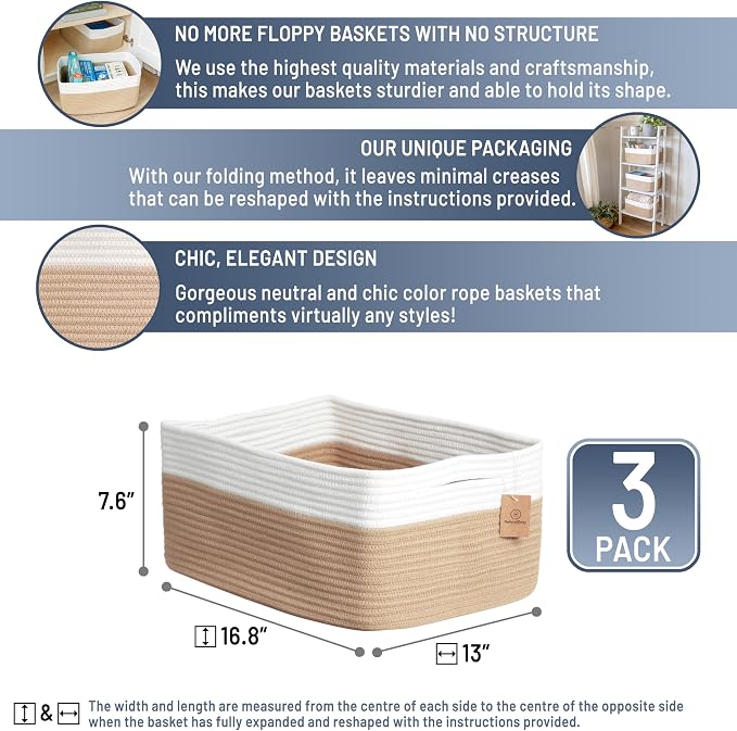 NaturalCozy Storage Baskets 16.8”x13”x7.6” Cotton Rope Woven Baskets - Image 2