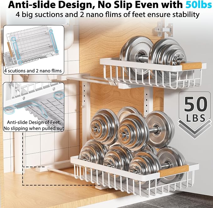Under Sink Organizer Storage 1 pack, 2 Tier Slide Out Height Adjustable Pull - Image 3