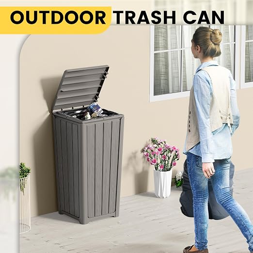 Outdoor Trash Can with Lid, Waterproof Resin Garbage Can with Tiered Lid - Image 7