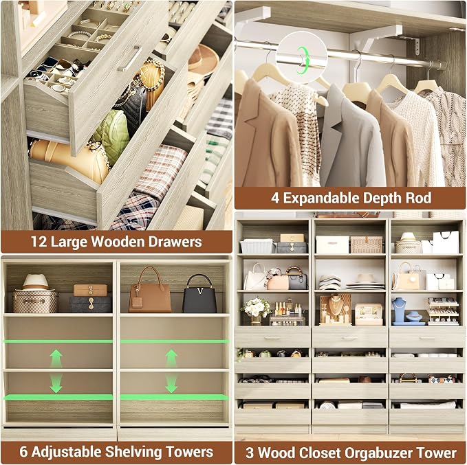 Aheaplus Closet System Set of 3, 138.5" Wood Closet Organizer System Tower - Image 3