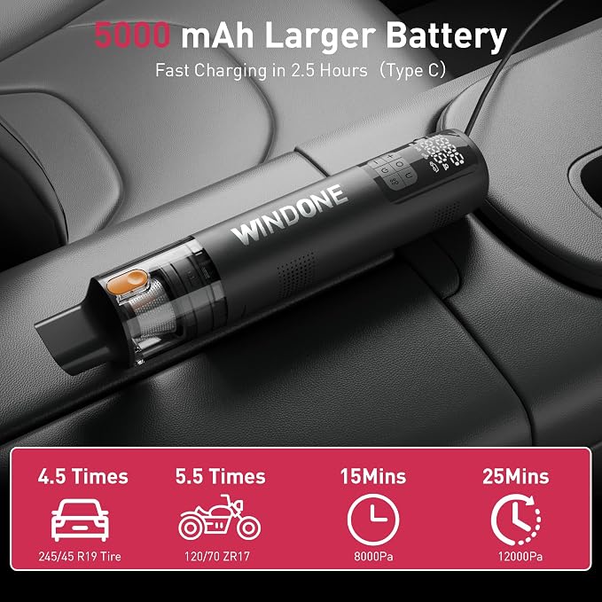 Windone Car Vacuum, 12000Pa 2-in-1 Cleaner & Tire Inflator 150PSI, 60W - Image 5