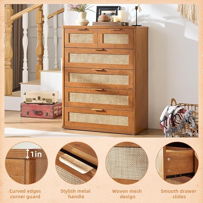 LEYAOYAO Rattan Dresser for Bedroom, Modern 6 Drawers Boho Dressers - Image 7