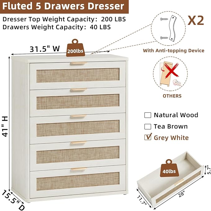LEYAOYAO White Dresser for Bedroom, Modern 5 Drawers Boho Rattan Dressers - Image 8