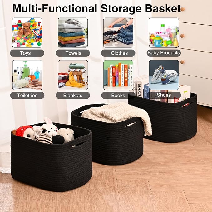 Black Storage Baskets for Organizing Shelves, Toy Basket for Nursery, Woven - Image 4