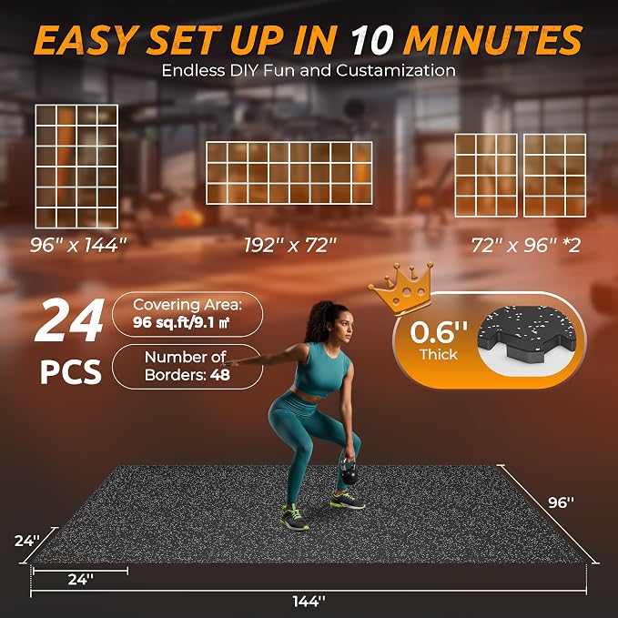 PRAISUN 0.6" Thicker Gym Mat, 24 Tiles 96 Sq Ft Workout Mats, Interlocking Foam - Image 5